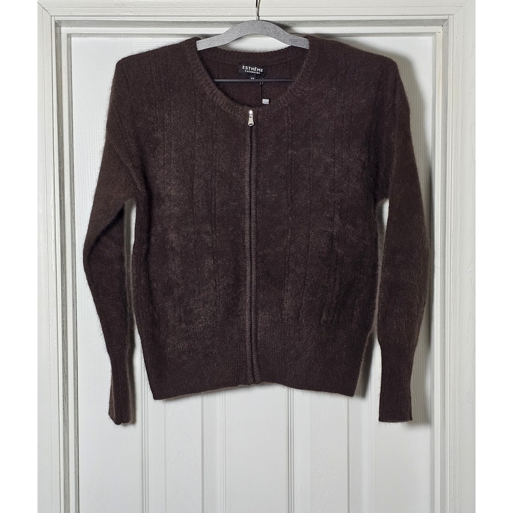Estheme Cashmere Raccoon Angora Wool Full Zip Cardigan XS Chocolate Brown Cozy